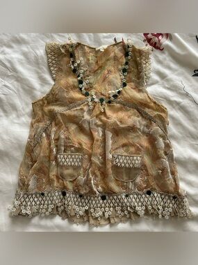 American Retro Paris y2k vintage boho cream & tan paisley semi sheer silk blouse